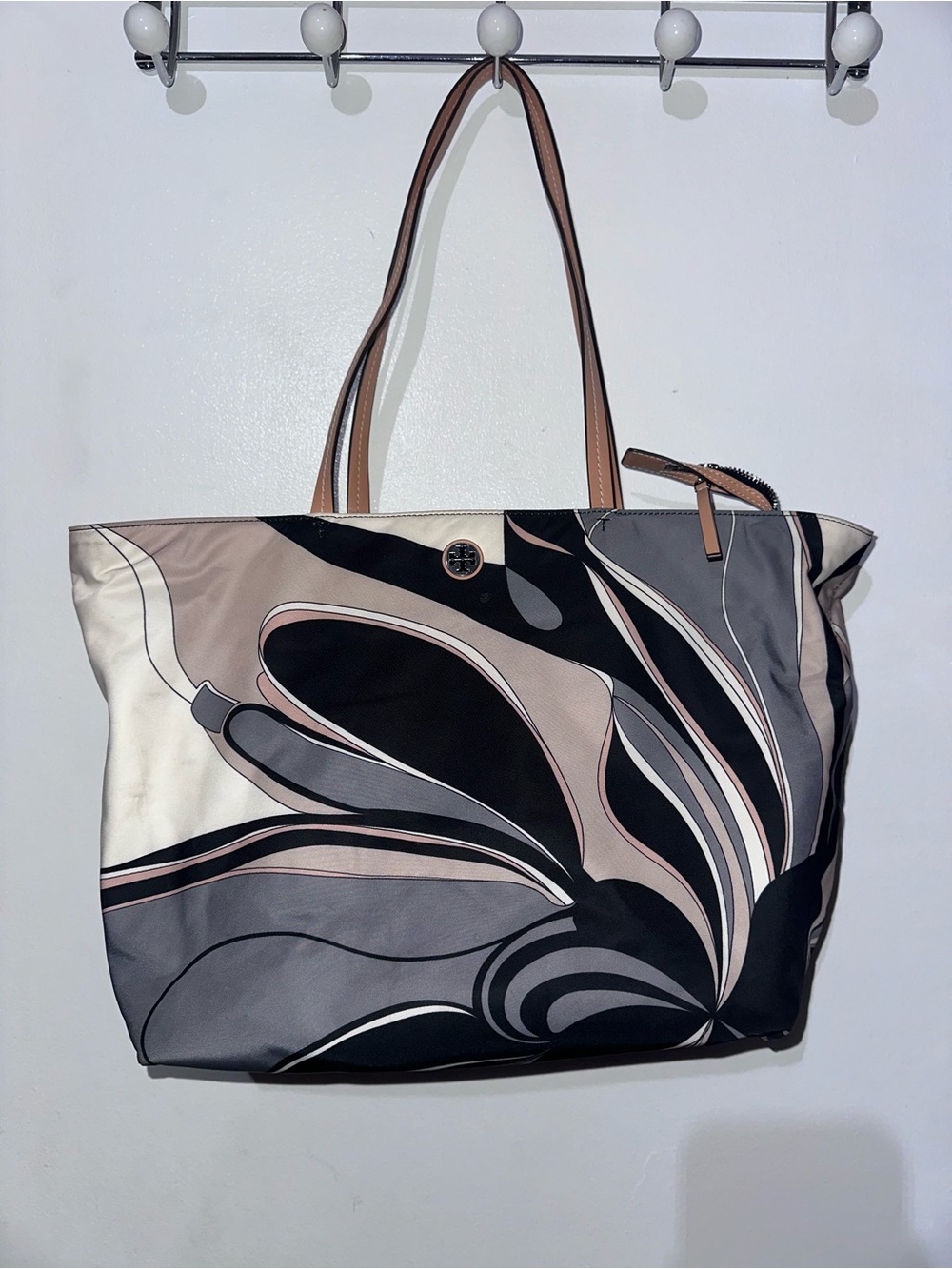 Tory Burch Black, Gray & Cream Abstract Floral Nylon Tote